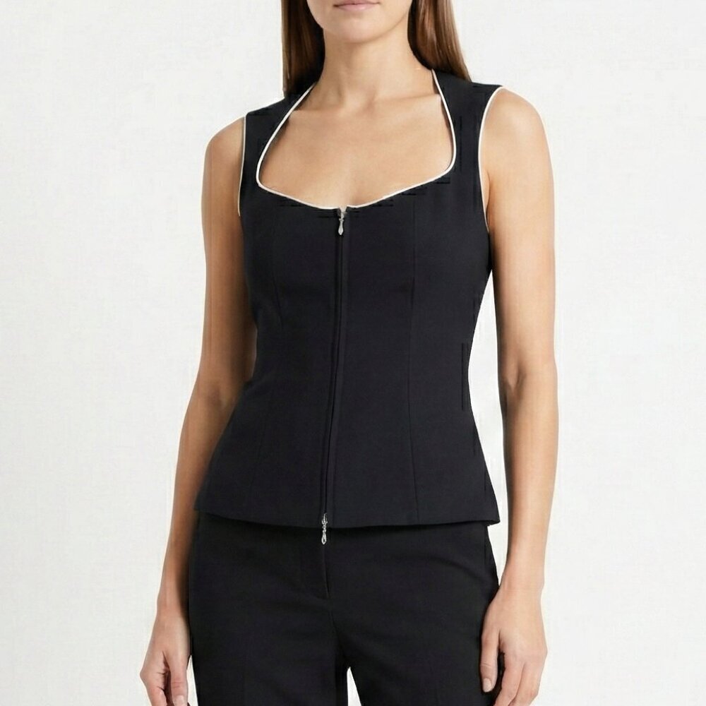 Anne Fontaine Black Structured Corset Back Vest White Trim EU 36 XS France